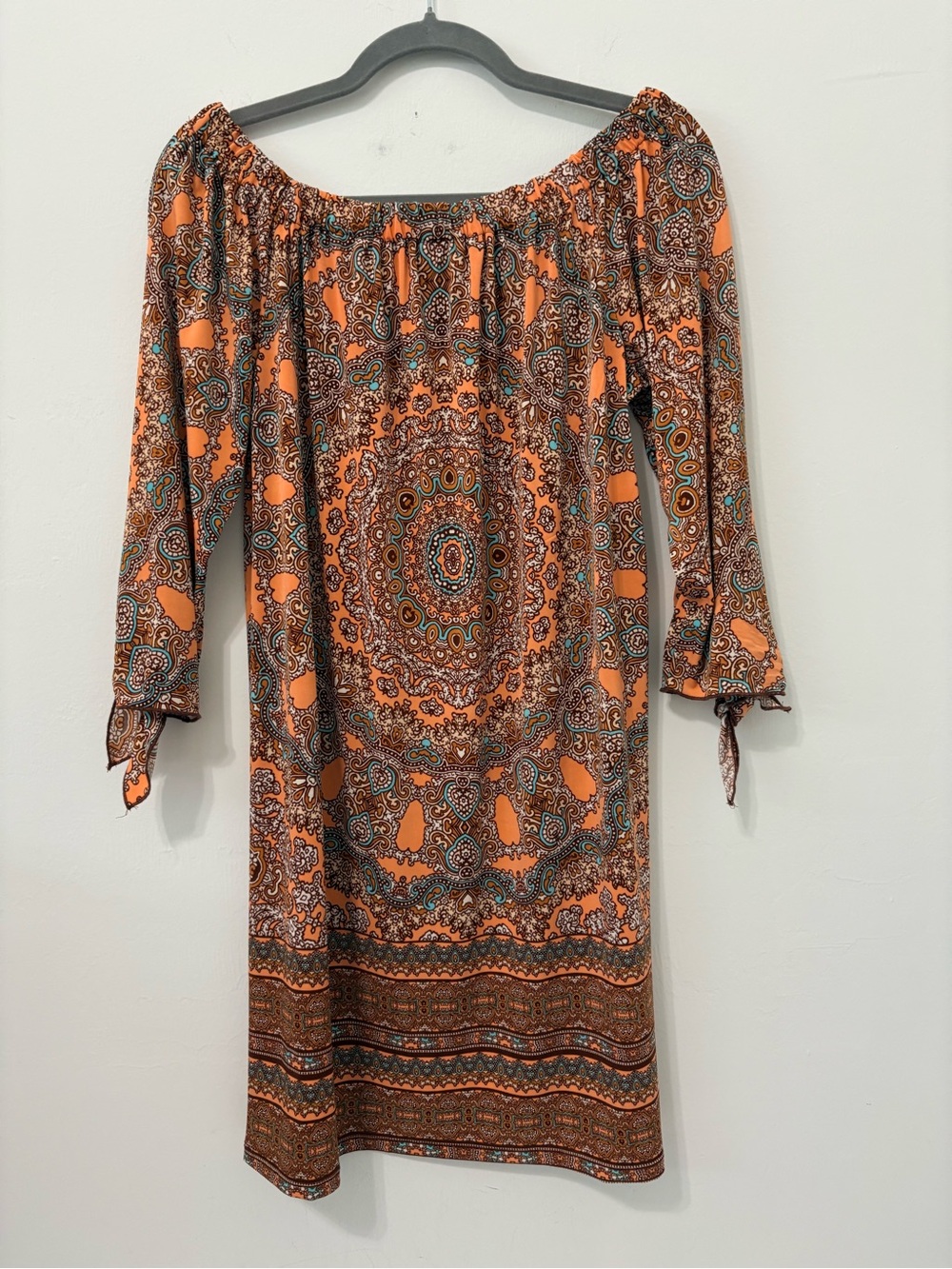 Tacera Off Shoulder Paisley Medallion Dress Sz S Peach Boho EUC